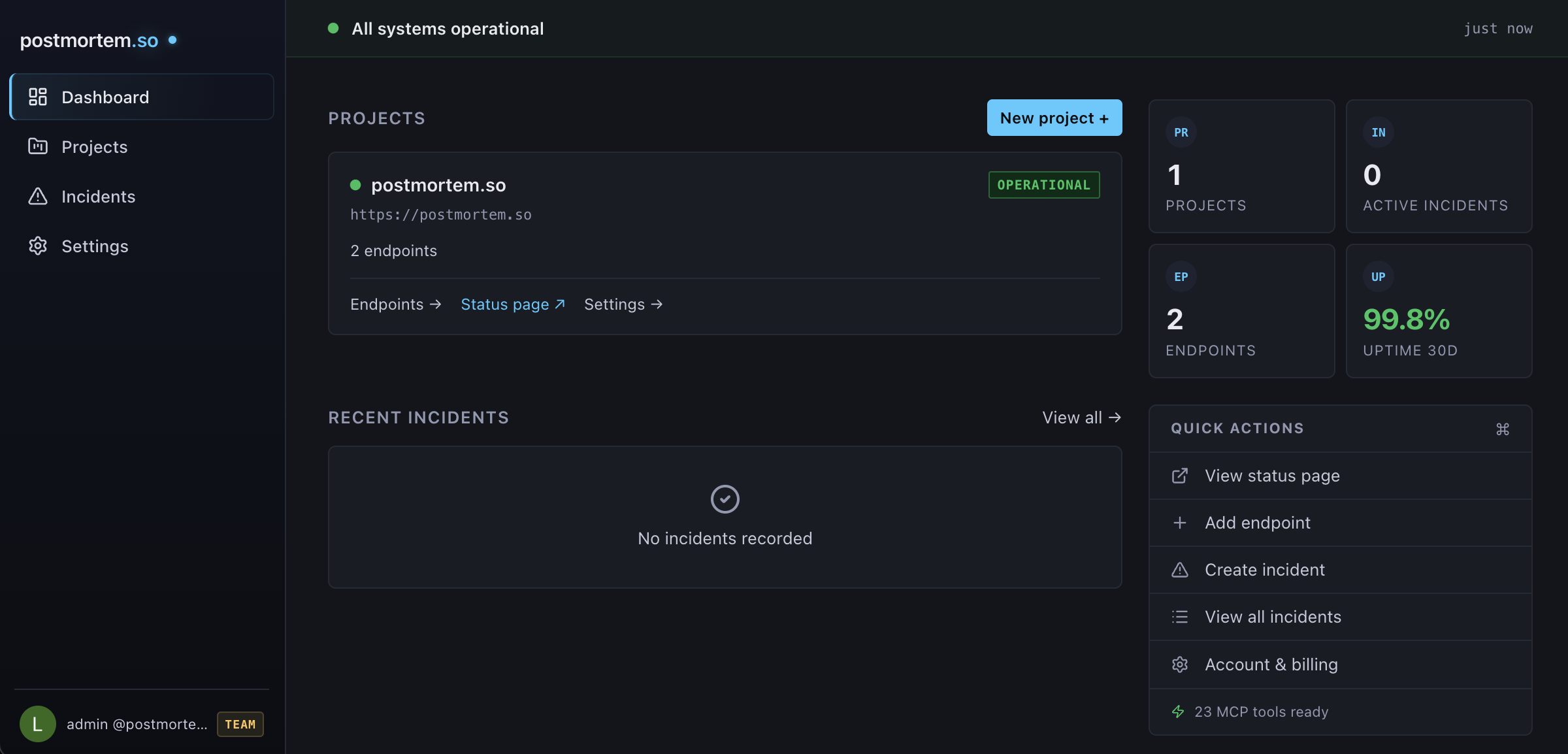 postmortem.so dashboard — monitor endpoints, manage incidents, generate AI postmortems